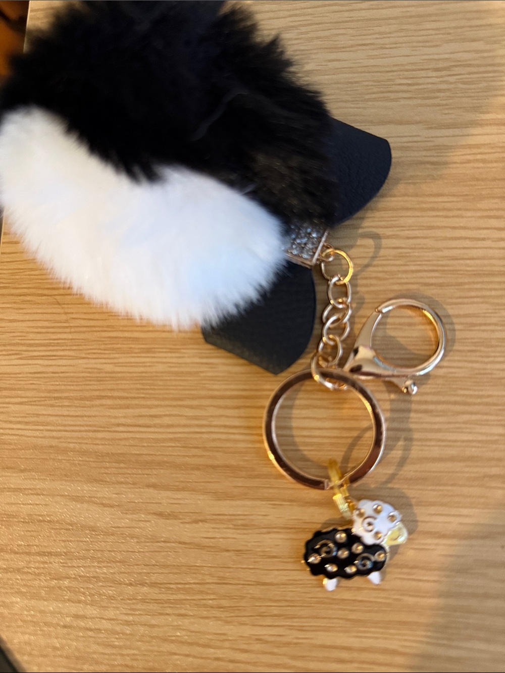 Faux Fur Pom Pom Keychain Purse Charm with Black and White Sheep Charm